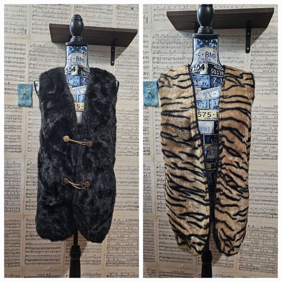 Vintage Hollywood Fur Vest Reversible Animal Print Black Brass Gold - Picture 1 of 12